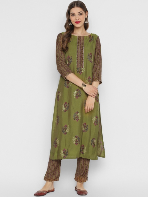 CHRISTEENA Women Green & Red Printed Kurta with Trousers