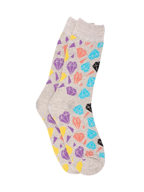 The Tie Hub Men Grey & Purple Diamond Patterned Calf-Length Socks