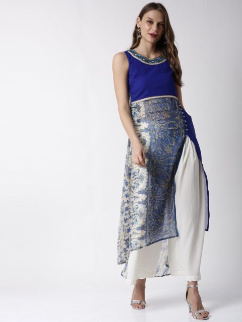 Soch Women Blue & White Printed A-Line High-Low Kurta