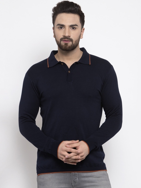 Kalt Men Navy Blue Solid Pullover Sweater