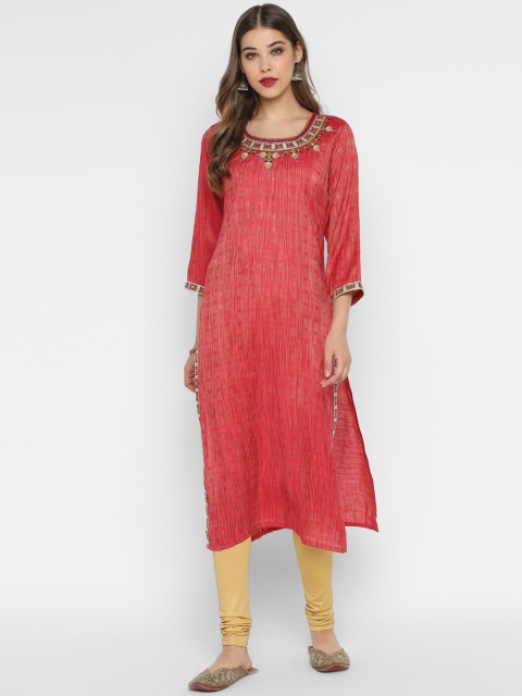 CHRISTEENA Women Red Woven Design A-Line Kurta