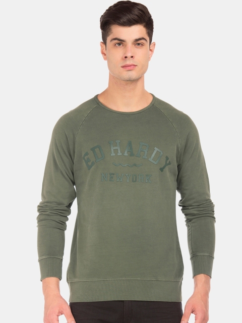 Ed Hardy Men Olive Green Printed Sweatshirt