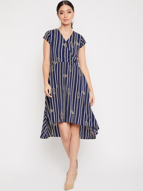 Crimsoune Club Women Navy Blue Striped Wrap Dress