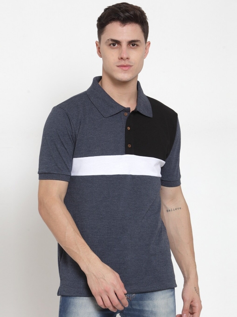 Kalt Men Blue & White Striped Polo Collar T-shirt