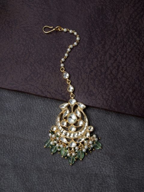 MORKANTH JEWELLERY Gold-Plated Off-White & Green Kundan-Studded Beaded Handcrafted Maang Tikka