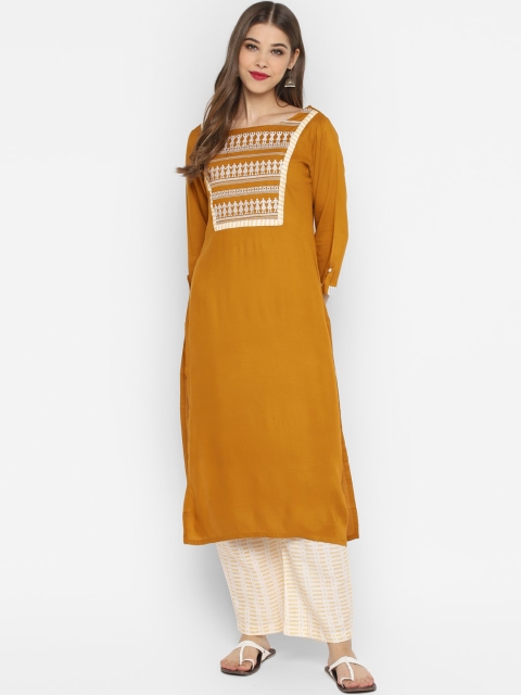 CHRISTEENA Women Mustard Yellow & Off-White Yoke Design Kurta with Palazzos
