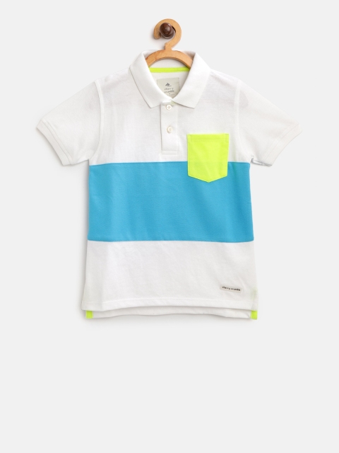 Cherry Crumble Boys White & Blue Colourblocked Polo Collar T-shirt