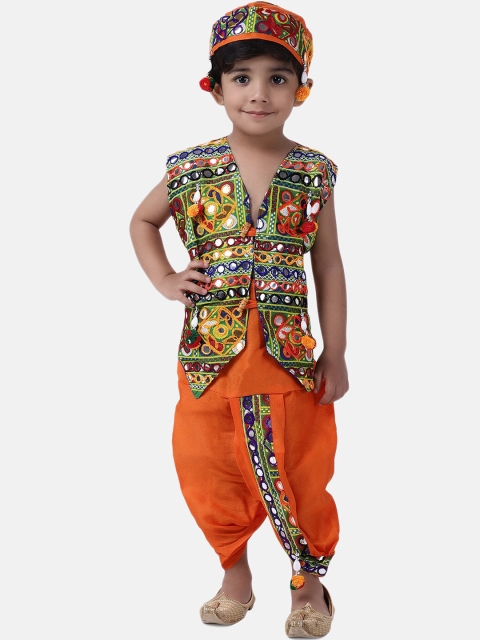 BownBee Boys Orange & Green Embellished Coat with Dhoti Pants