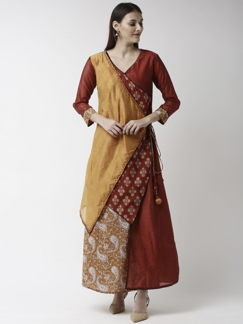 Soch Women Maroon & Mustard Yellow Printed Angrakha Kurta