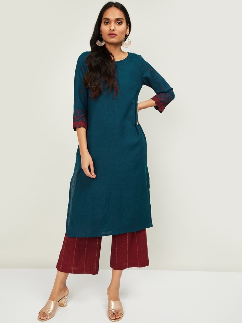 Melange by Lifestyle Women Teal Blue Solid Straight Kurta