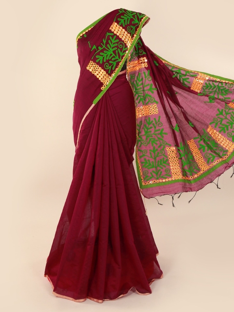 Pothys Maroon Embroidered Cotton Blend Saree