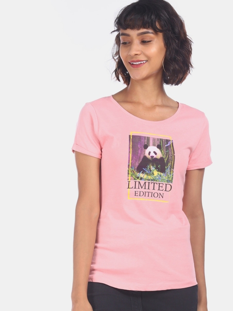 Sugr Women Pink Printed Pure Cotton Round Neck T-shirt
