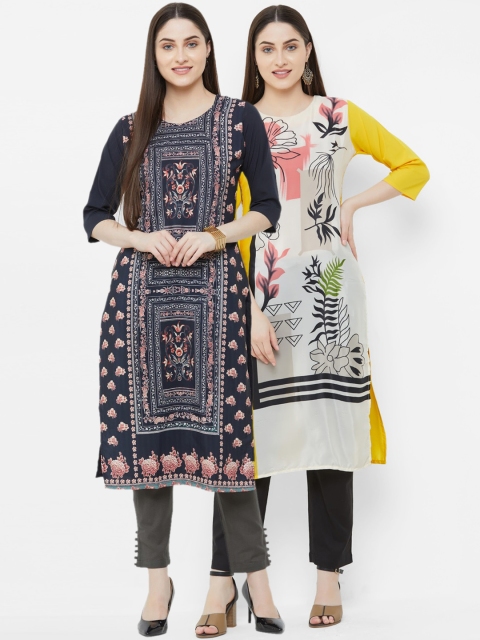 7Threads Women Pack of 2 Printed Straight Kurtas, Navy blue