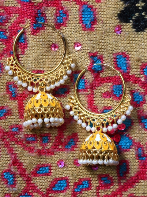 Crunchy Fashion Yellow & Gold-Plated Dome Shaped Jhumkas