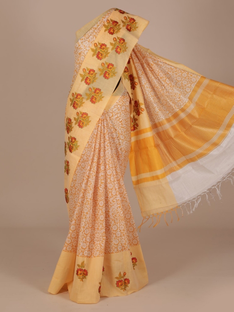 Pothys Yellow Floral Printed Manipuri Cotton Blend Saree with Embroidered Border
