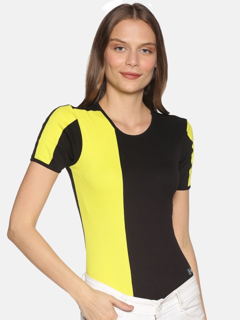 KULTPRIT Women Black & Yellow Colourblocked Bodysuit