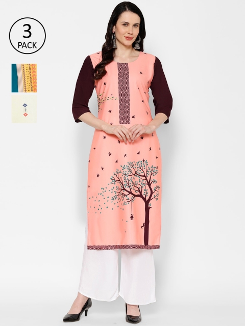 7Threads Women Pack Of 3 Printed Straight Kurtas, Peach