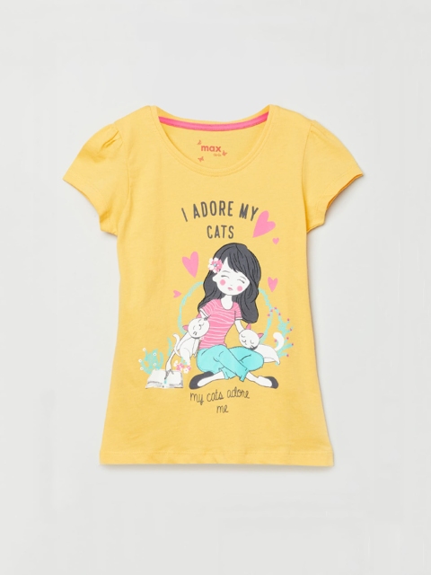 max Girls Yellow Printed Round Neck Cotton T-shirt