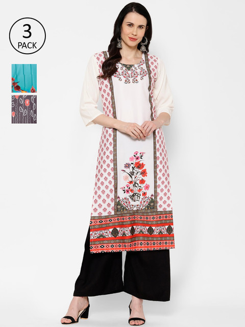 7Threads Women Pack Of 3 Printed A-Line Kurta, Multi 
7Threads Women Pack Of 3 Printed A-Line Kurta, Multi