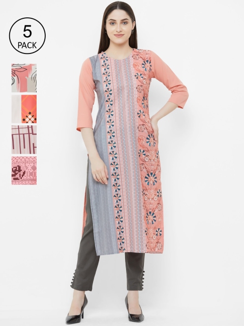 7Threads Women Pack Of 5 Printed Straight Kurtas, Peach