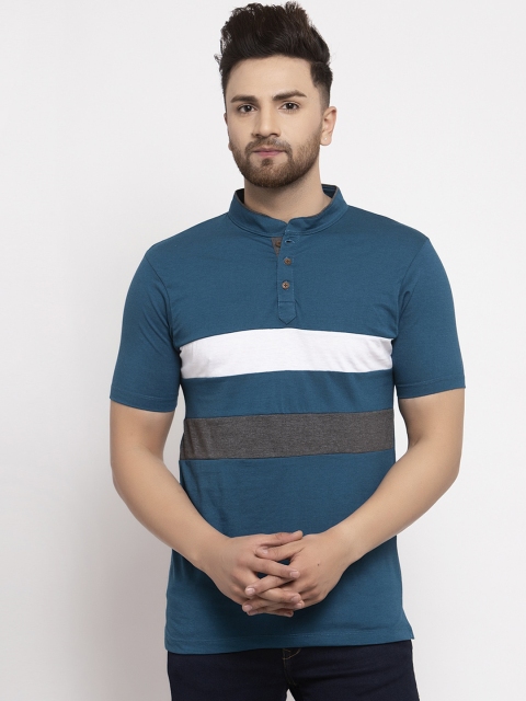 Kalt Men Teal Blue Striped Mandarin Collar T-shirt