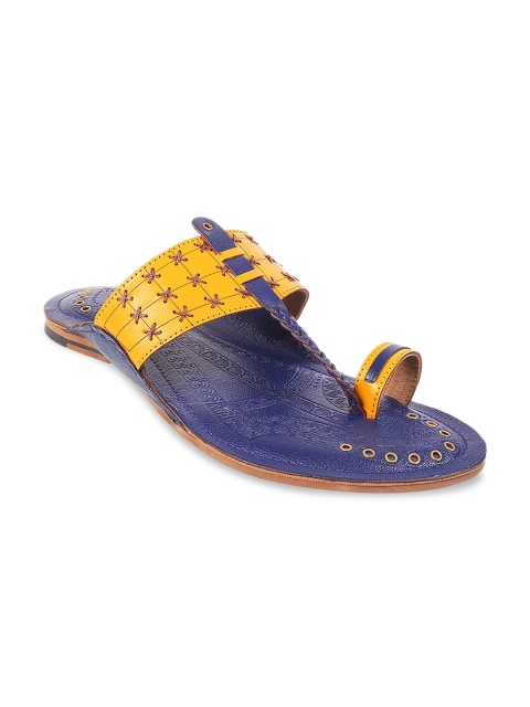 Metro Men Yellow & Blue Colourblocked Leather Comfort Sandals