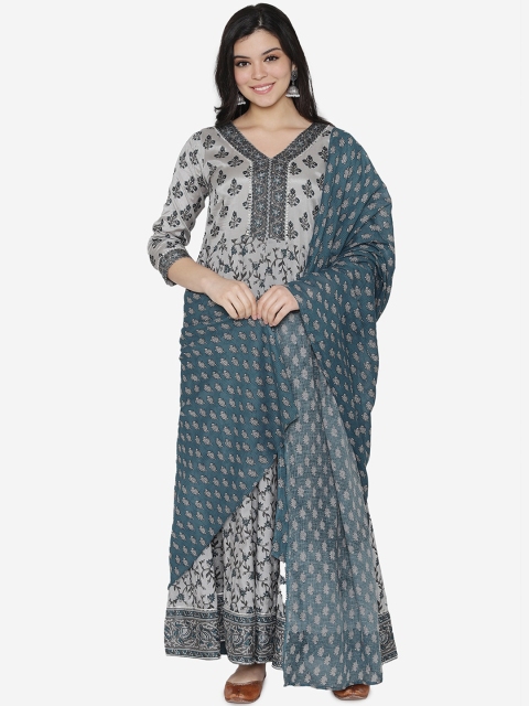 TARA-C-TARA Women Grey Printed Ethnic Maxi Dress with Dupatta