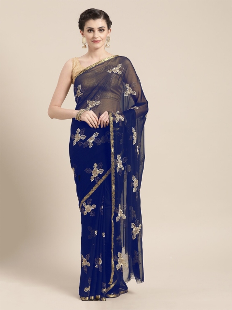 Chhabra 555 Blue Embroidered Poly Chiffon Saree