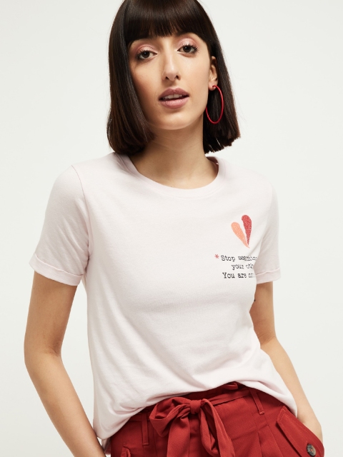 max Women Pink Printed Round Neck Cotton T-shirt