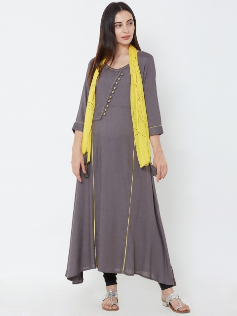 FASHOR Women Grey Embroidered Anarkali Kurta