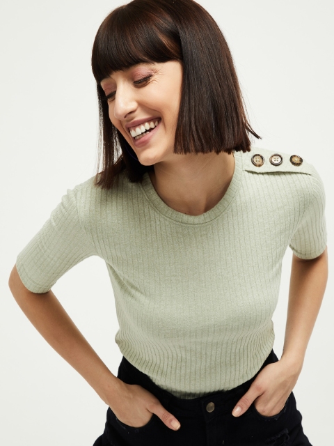 max Women Green Striped Fitted Top