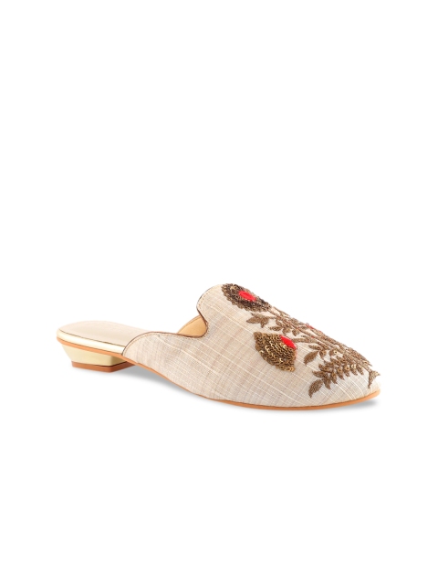 Siendo Desi Women Beige & Cream-Coloured Woven Design Mules
