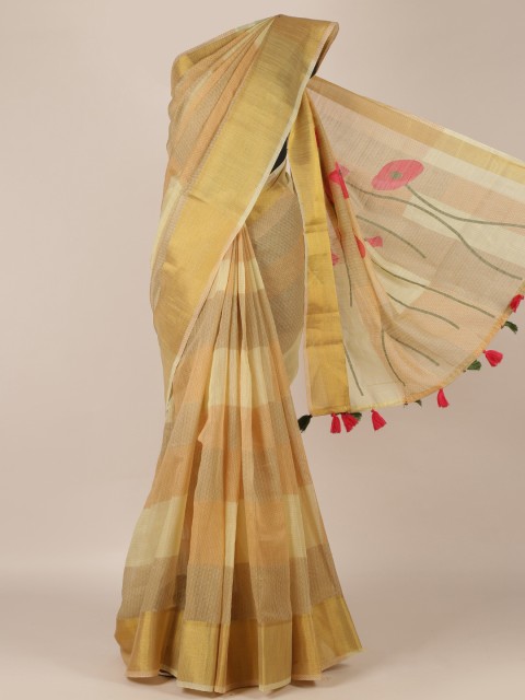 Pothys Cream-Coloured & Beige Jute Silk Printed Saree with Tassel Pallu