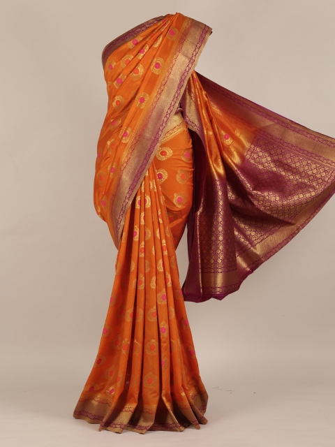 Pothys Orange & Gold-Toned Jute Silk Woven Design Saree