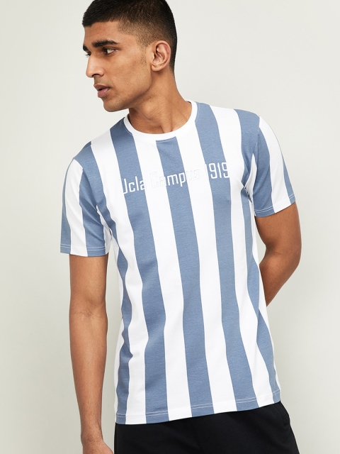 UCLA Men White & Blue Striped Round Neck T-shirt
