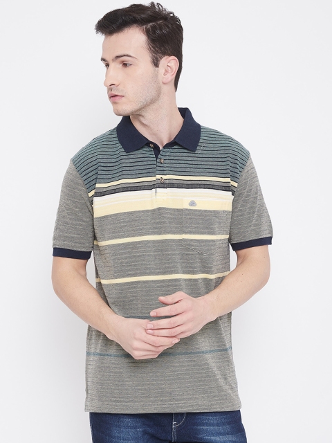 Duke Men Green Striped Polo Collar T-shirt