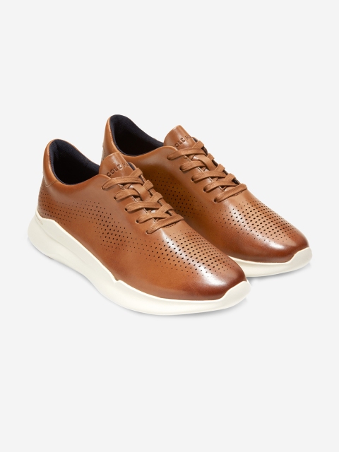 Cole Haan Men Tan Perforations Leather Mid-Top Sneakers