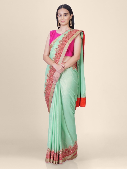 Hastakala Green Pure Georgette Solid Banarasi Saree