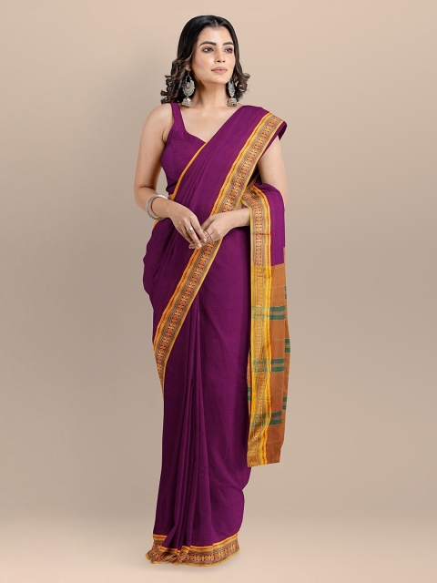 BharatSthali Purple Silk Cotton Solid Maheshwari Saree