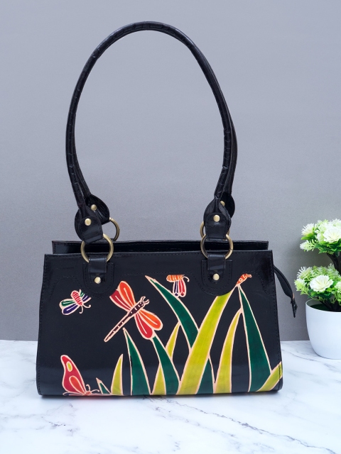 Golden Peacock Black & Yellow Printed Hand Painted Leather Shoulder Bag