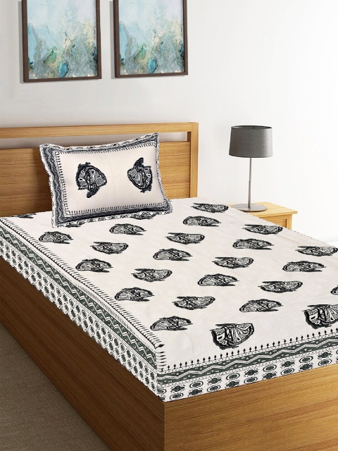 Tistabene White & Black Printed 180 TC Single Bedsheet with Pillow Cover