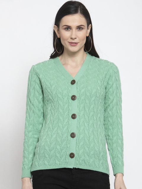 Kalt Women Green Self Design Cardigan Sweater