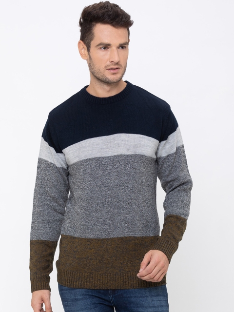 Globus Men Navy Blue & Grey Striped Pullover Sweater