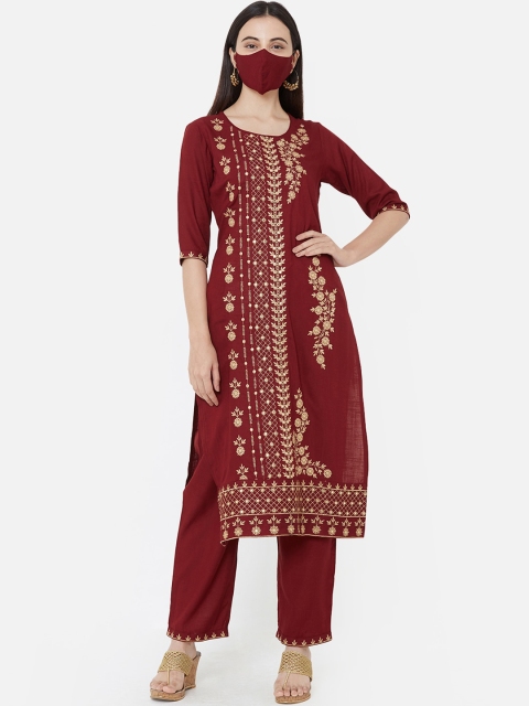 FASHOR Women Maroon Embroidered Kurta with Trousers