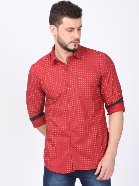 FOGA Men Red Regular Fit Printed Casual Shirt