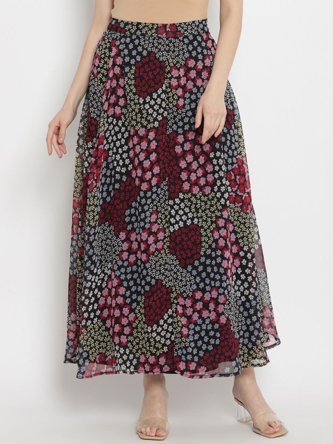 The Vanca Women Black & Maroon Printed A-Line Maxi Skirt