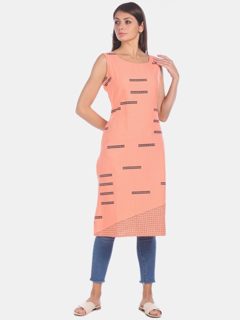 Karigari Women Peach-Coloured Printed A-Line Kurta