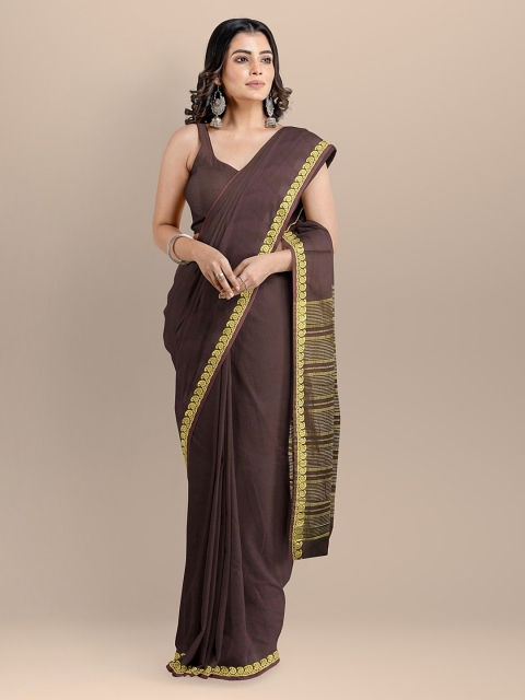 BharatSthali Brown Silk Cotton Solid Banarasi Saree