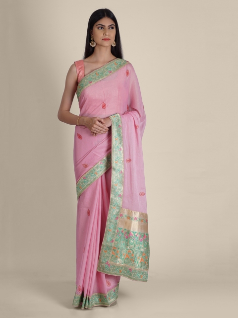 Hastakala Pink & Green Poly Georgette Woven Design Saree