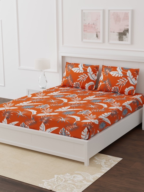 eCraftIndia Orange & Grey Floral 250 TC Cotton 1 King Bedsheet with 2 Pillow Covers